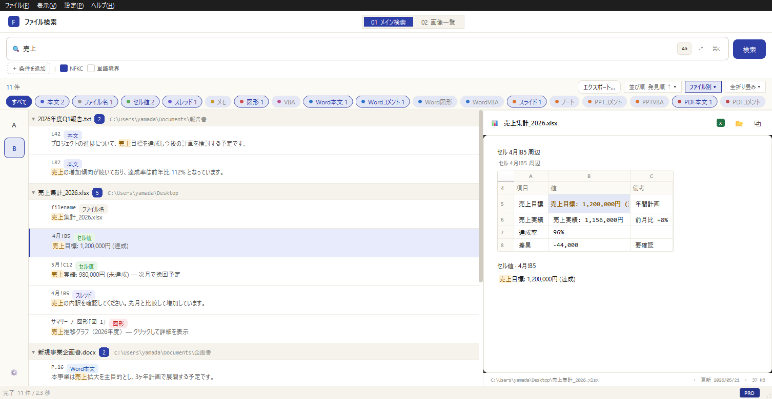 検索結果から Excel のセルを選択し、右側のプレビューで該当セル周辺のミニ表が表示されている。